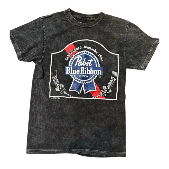 PBR Pabst Blue Ribbon SHIRT MENS SMALL BLACK BEER BREWING Bleach Dye - Picture 1 of 4